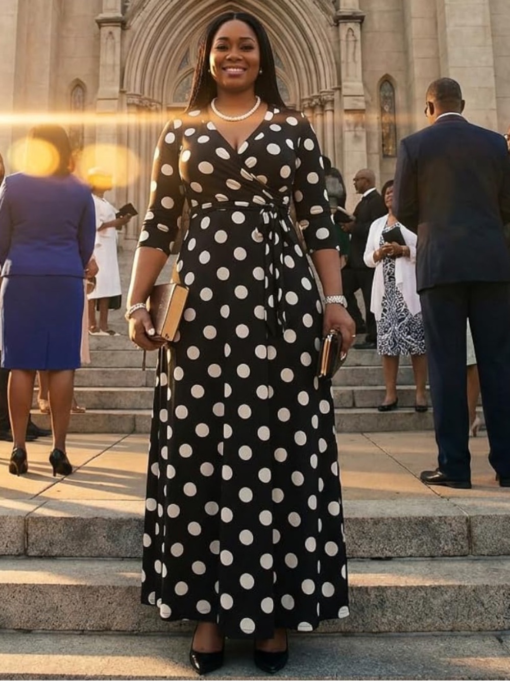 NWT Classic Black & White Polka Dot 3/4 Sleeve Maxi Dress w Pockets Size Small - Picture 2 of 12